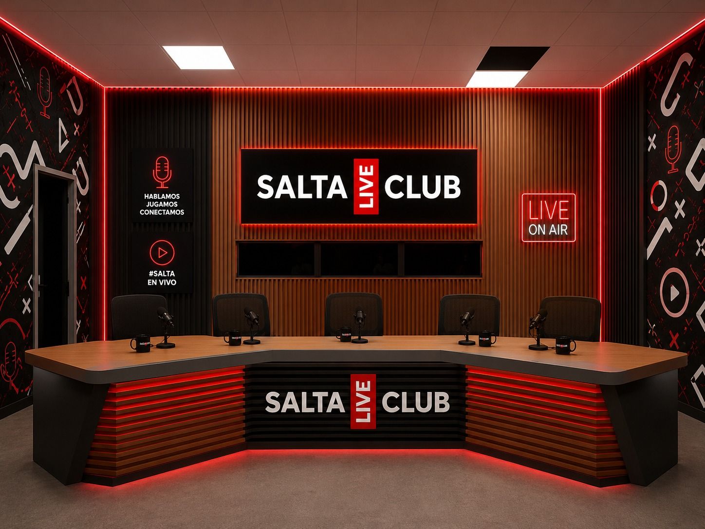 Sala de streaming con mesa curva para cinco conductores, micrófonos y paneles de madera con luz roja