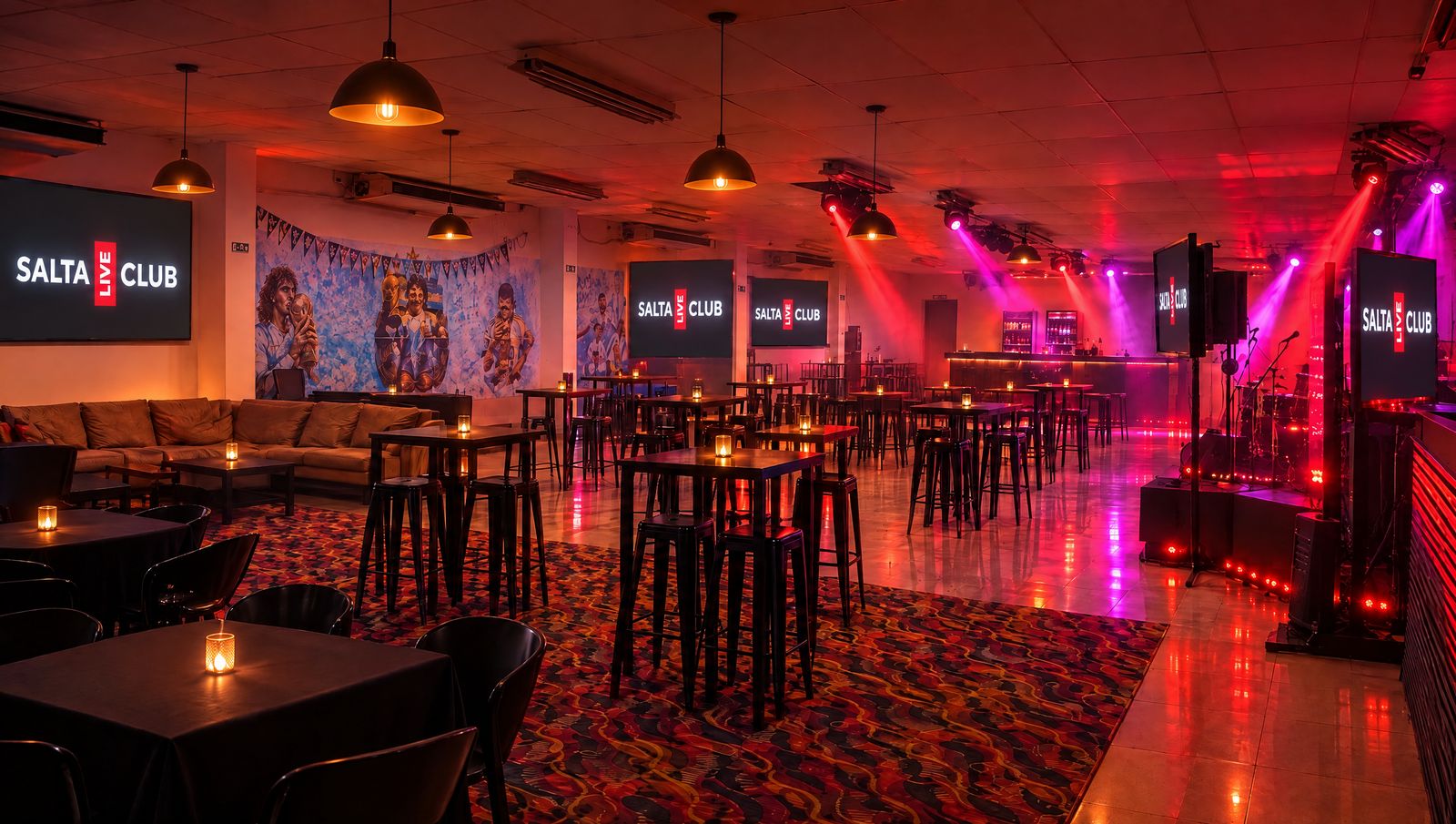 Salón de eventos con mesas altas, banquetas, pantallas con el logo y luces de escenario